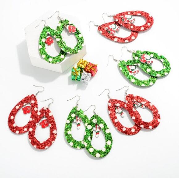 Red Glitter Christmas Teardrop Earrings with Red Enamel Mitten Charms - Picture 2 of 2